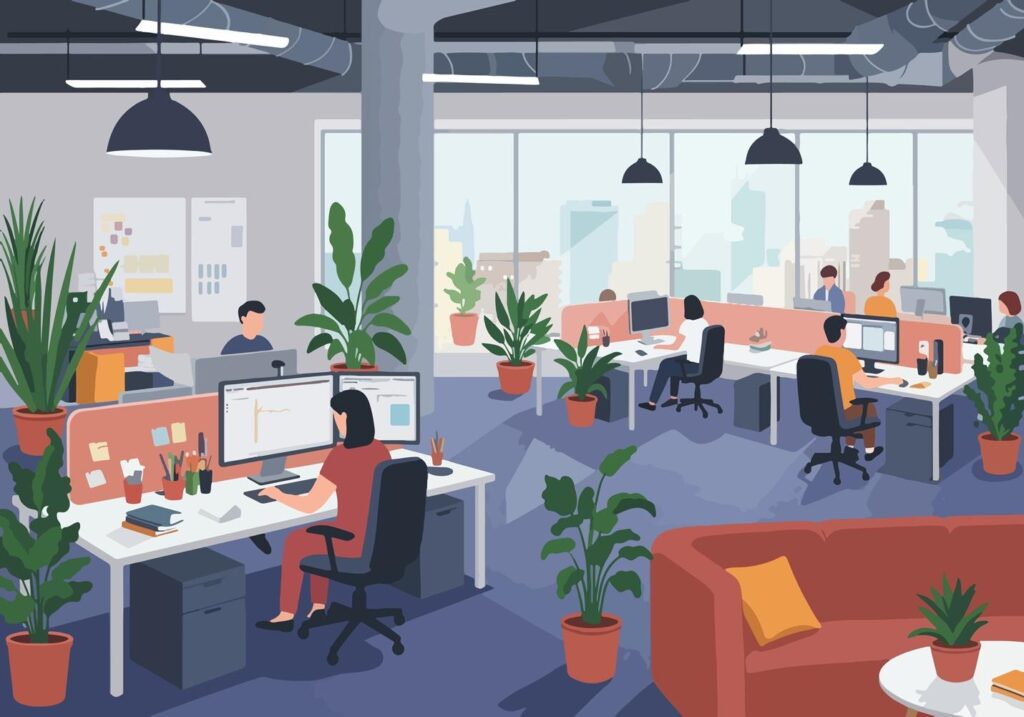 A group of people working in an officeAI-generated content may be incorrect.